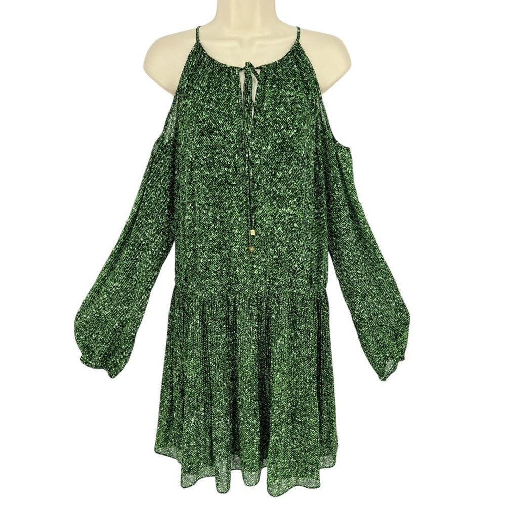 Michael Kors Cold Shoulder Dress Green Snake Print‎ L/S Chiffon Pleated Size L